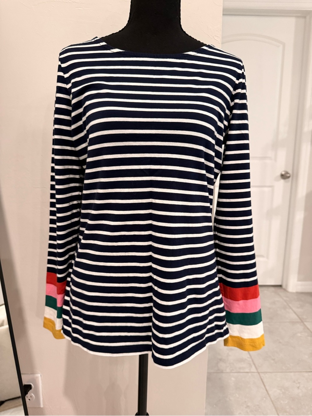 Boden Women’s US 8 Navy White Breton Stripe Long Sleeve Top Colorblock Cuffs